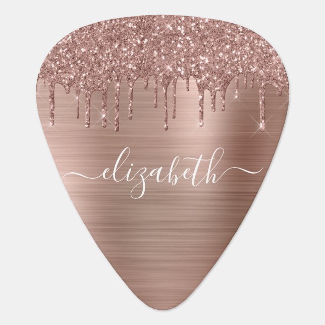 Girly Rose Gold Glitter Monogrammed Guitar Pick (Front)