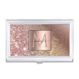 Girly Rose Gold Glitter Name Monogram Business Card Case