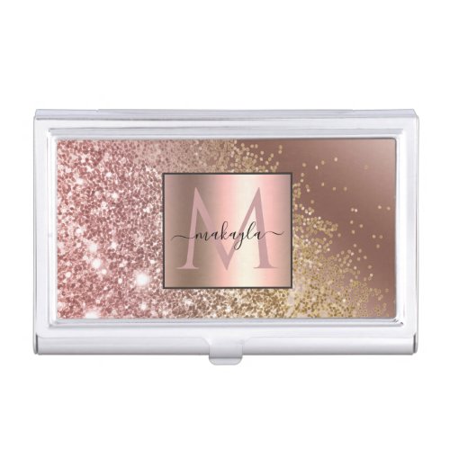 Girly Rose Gold Glitter Name Monogram Business Card Case