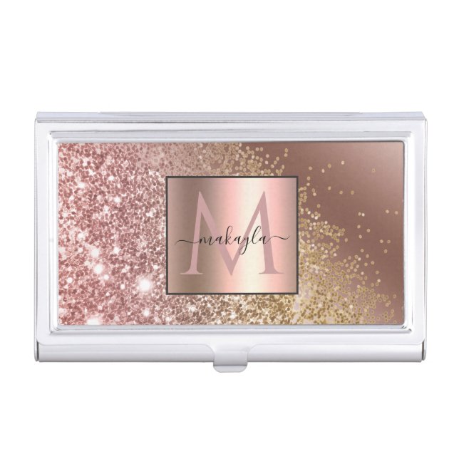 Girly Rose Gold Glitter Name Monogram Business Card Case (Front)