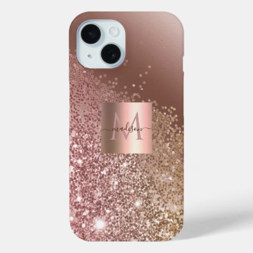 Girly Rose Gold Glitter Name Monogram iPhone 15 Case