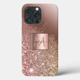 Girly Rose Gold Glitter Name Monogram iPhone 13 Pro Case