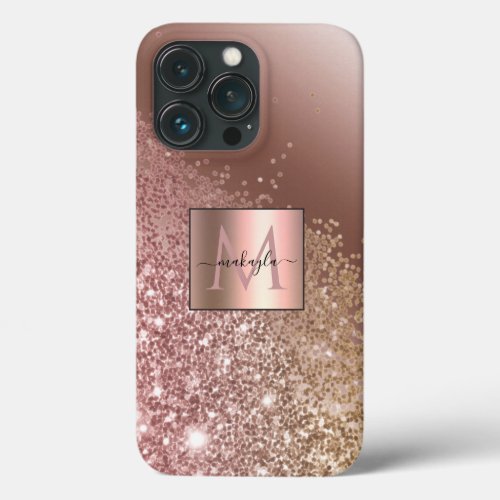 Girly Rose Gold Glitter Name Monogram iPhone 13 Pro Case