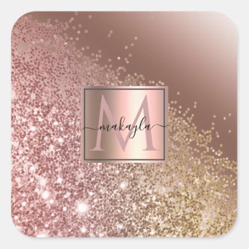 Girly Rose Gold Glitter Name Monogram Square Sticker