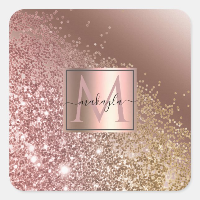 Girly Rose Gold Glitter Name Monogram Square Sticker (Front)