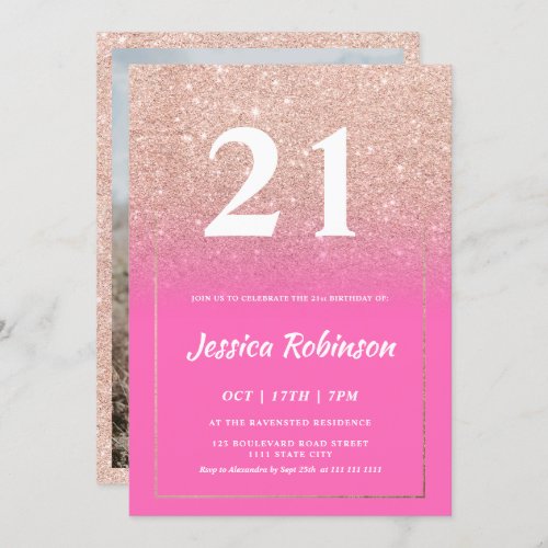 Girly rose gold glitter ombre bright pink 21 invitation