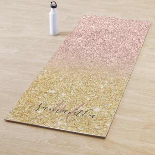 Girly rose gold glitter ombre gold monogrammed yoga mat