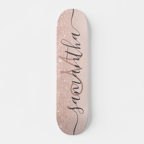 Girly rose gold glitter ombre monogram blush name skateboard