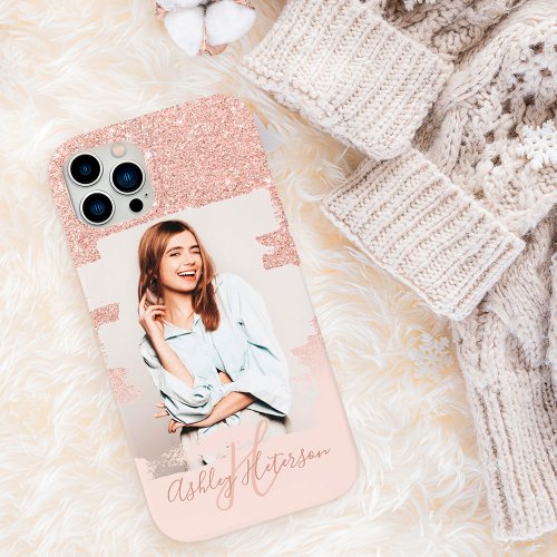 Girly rose gold glitter ombre monogrammed photo iPhone 13 pro max case