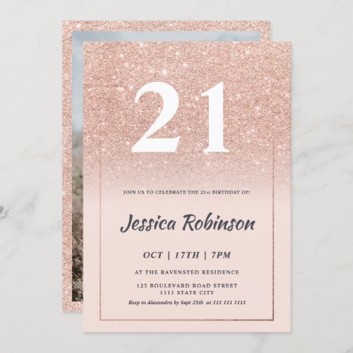 Girly rose gold glitter ombre pink chic 21 invitation