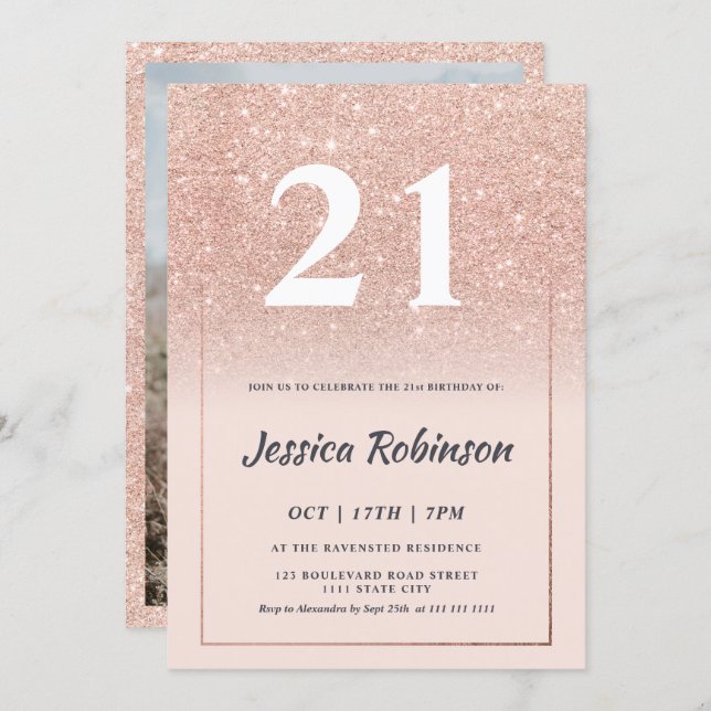 Girly rose gold glitter ombre pink chic 21 invitation (Front/Back)