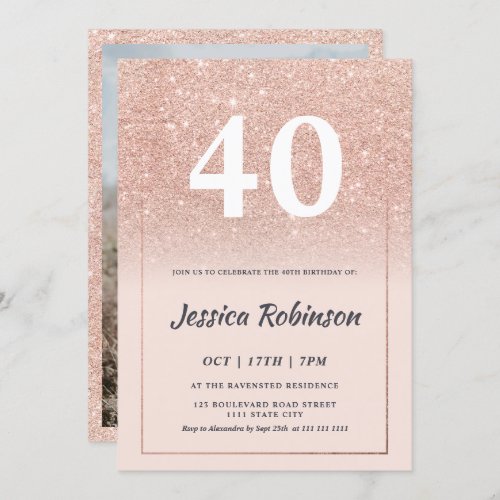 Girly rose gold glitter ombre pink chic forty invitation