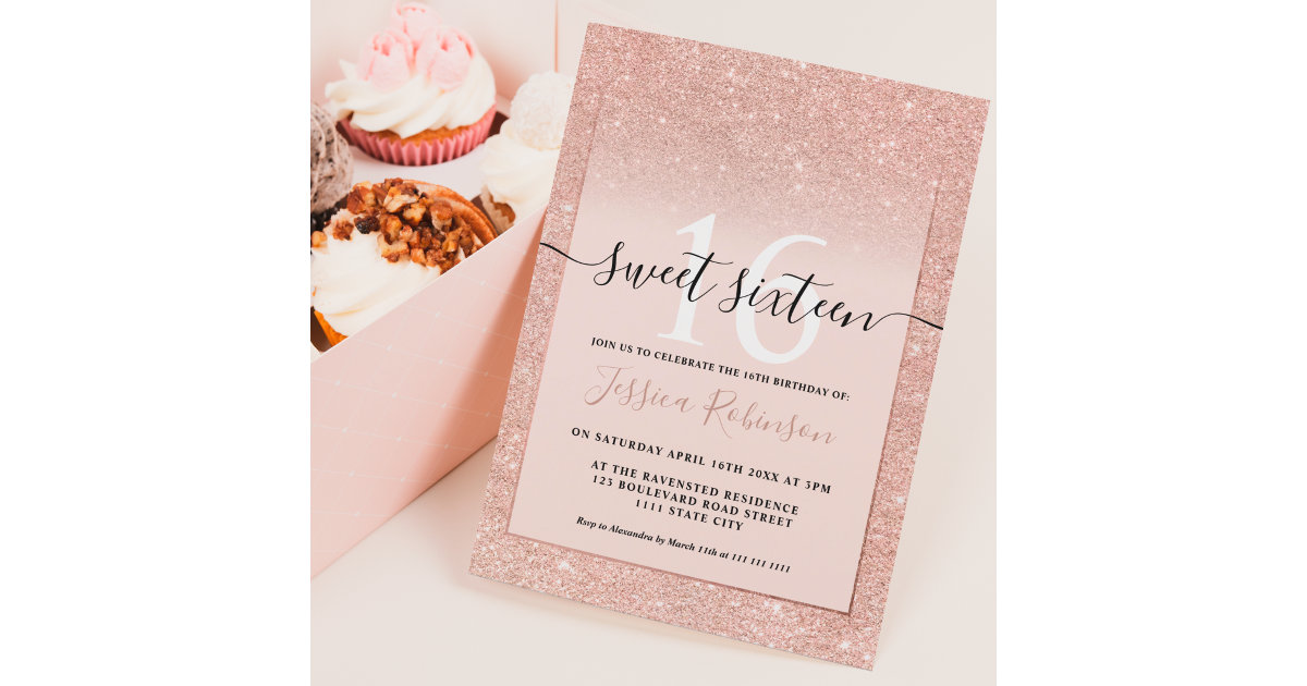 Girly rose gold glitter ombre pink chic Sweet 16 Invitation | Zazzle