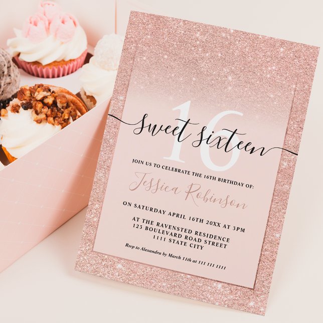 Girly rose gold glitter ombre pink chic Sweet 16 Invitation (Creator Uploaded)