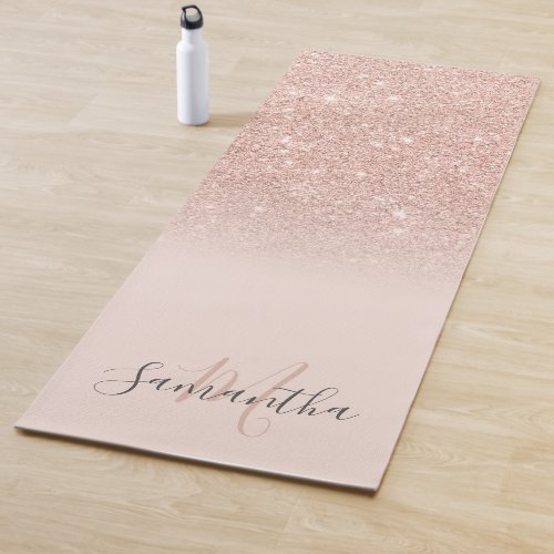 Girly rose gold glitter ombre pink monogrammed yoga mat
