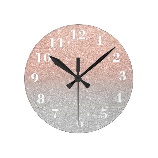 Girly rose gold glitter ombre silver glitter round clock | Zazzle.com