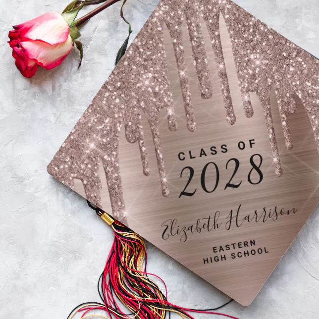 Girly Rose Gold Glitter Personalized Graduation Cap Topper | Zazzle