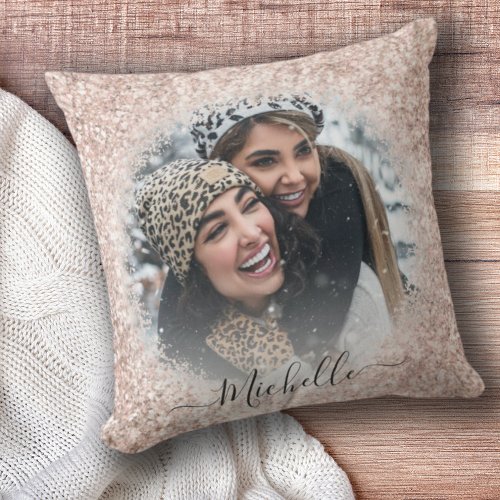 Girly Rose Gold Glitter Photo Template Throw Pillo Throw Pillow