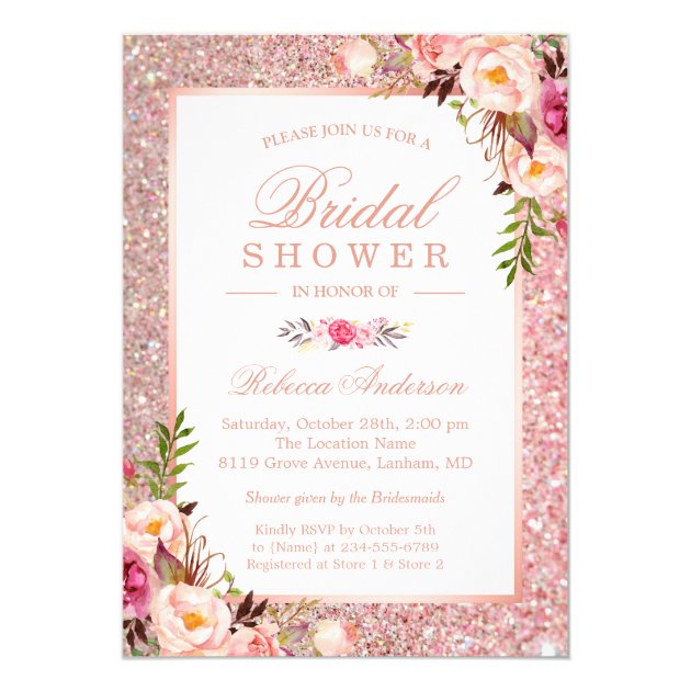 Girly Rose Gold Glitter Pink Floral Bridal Shower Card