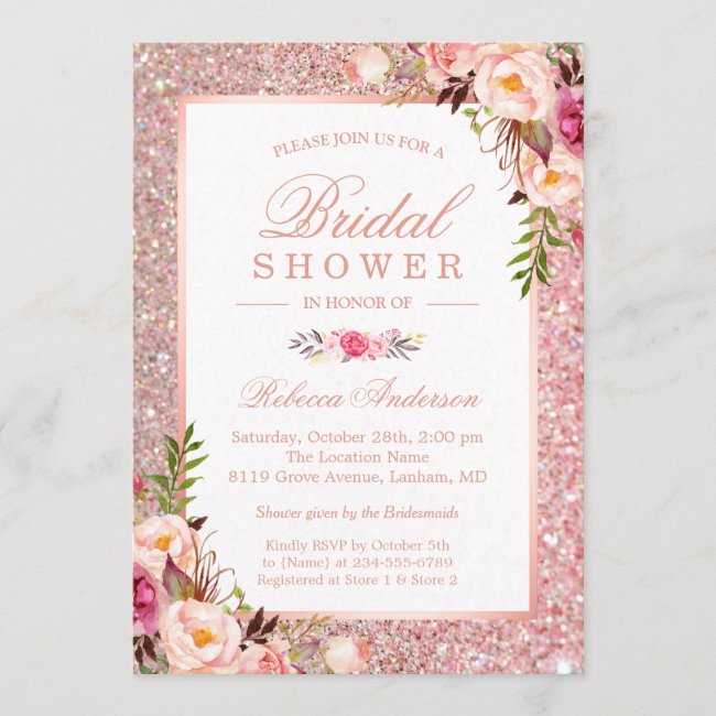 Girly Rose Gold Glitter Pink Floral Bridal Shower Invitation