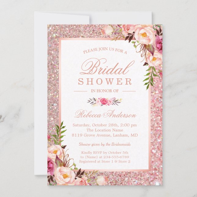 Girly Rose Gold Glitter Pink Floral Bridal Shower Invitation (Front)