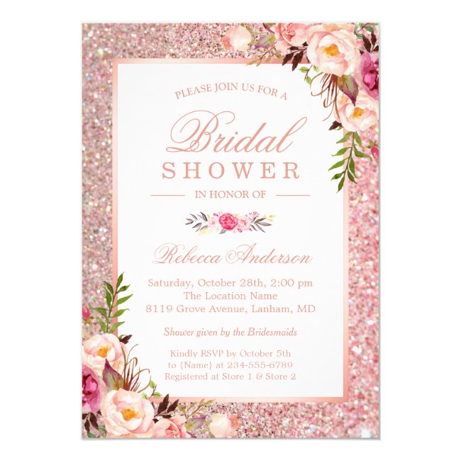 Girly Rose Gold Glitter Pink Floral Bridal Shower Invitation