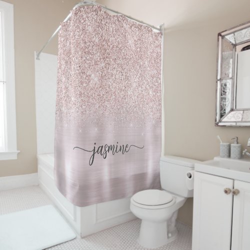 Girly Rose Gold Glitter Pink Metal Monogram Name Shower Curtain