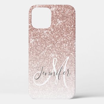 Girly Rose Gold Glitter Pink Monogram Name Iphone 12 Case by epclarke at Zazzle