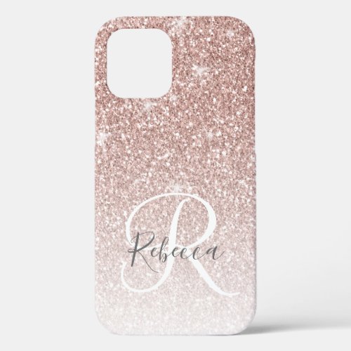Girly Rose Gold Glitter Pink Monogram Name iPhone 12 Pro Case