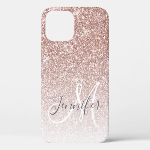 Girly Rose Gold Glitter Pink Monogram Name  iPhone 12 Pro Case