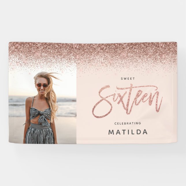 Girly rose gold glitter pink photo 16th birthday banner (Horizontal)