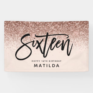 Girly rose gold glitter pink typograph 16 birthday banner