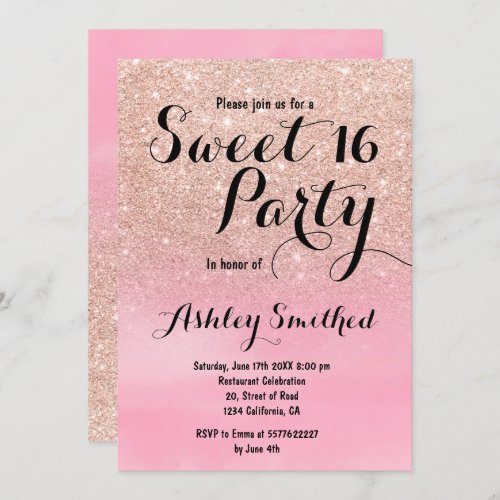 Girly rose gold glitter pink watercolor Sweet 16 Invitation