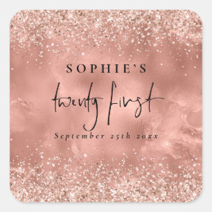 Girly Rose Gold Glitter Script Name Date 21st Square Sticker