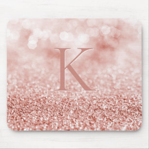 Girly Rose Gold Glitter Shiny Bokeh Monogram Mouse Pad