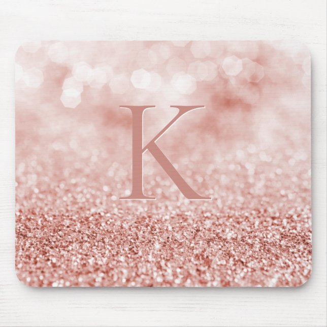 Girly Rose Gold Glitter Shiny Bokeh Monogram Mouse Pad (Front)