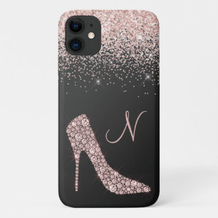 Girly Rose Gold Glitter Shoe Script Monogram Black iPhone 11 Case