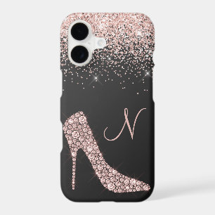 Girly Rose Gold Glitter Shoe Script Monogram Black iPhone 17 Case
