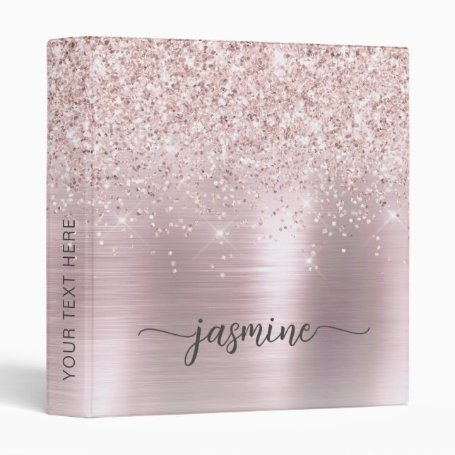 Girly Rose Gold Glitter Signature Name Script 3 Ri Ring Binder (Front/Spine)