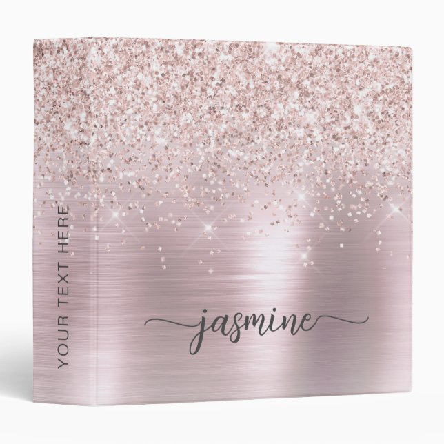 Girly Rose Gold Glitter Signature Name Script 3 Ring Binder (Front/Spine)