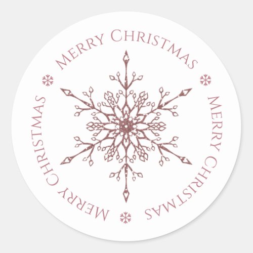 Girly Rose Gold Glitter Snowflake Merry Christmas Classic Round Sticker