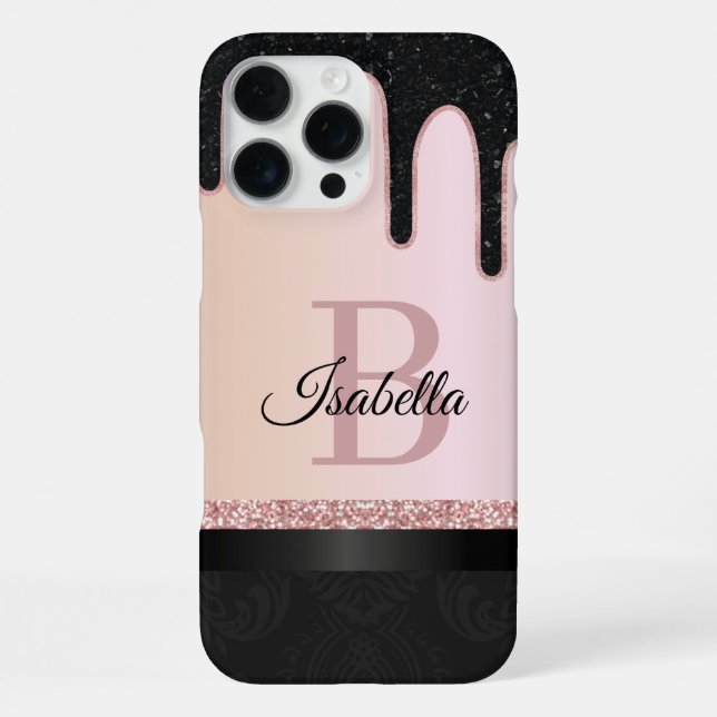 Girly Rose Gold Glitter Sparkle and Monogram Name iPhone Case (Back)