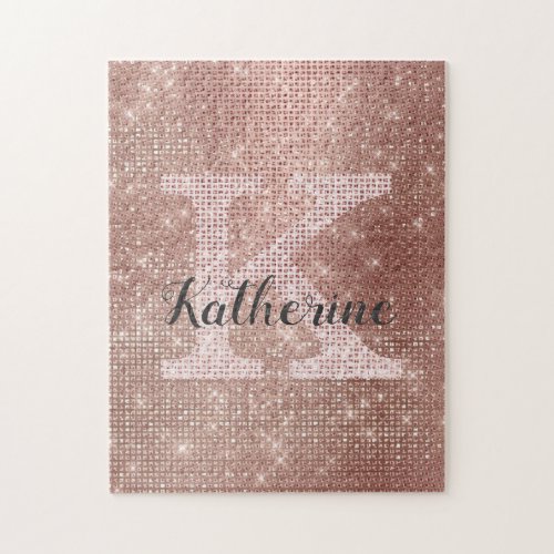 Girly Rose Gold Glitter Sparkle Chic Monogram Name Jigsaw Puzzle