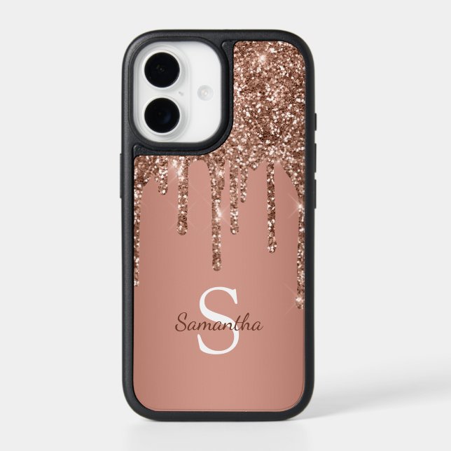 Girly Rose Gold Glitter Sparkle Drips Monogram Otterbox iPhone Case (Back)