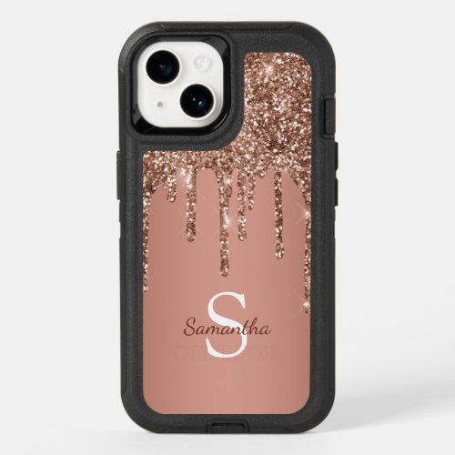 Girly Rose Gold Glitter Sparkle Drips Monogram OtterBox iPhone 14 Case