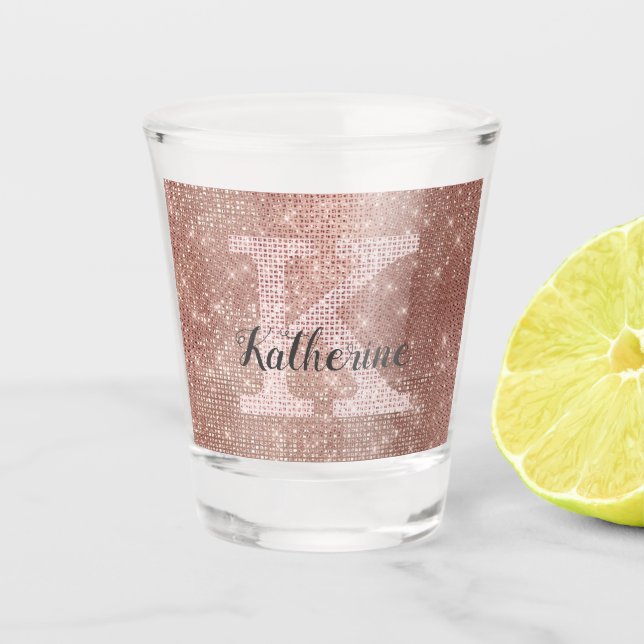 Girly Rose Gold Glitter Sparkle Fun Monogram Name Shot Glass (Front)
