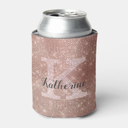 Girly Rose Gold Glitter Sparkle Glam Monogram Name Can Cooler