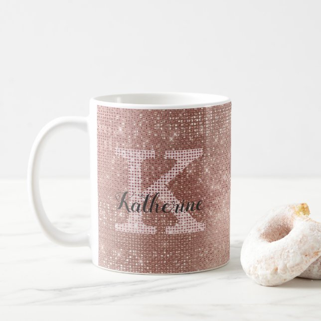 Girly Rose Gold Glitter Sparkle Glam Monogram Name Coffee Mug (With Donut)