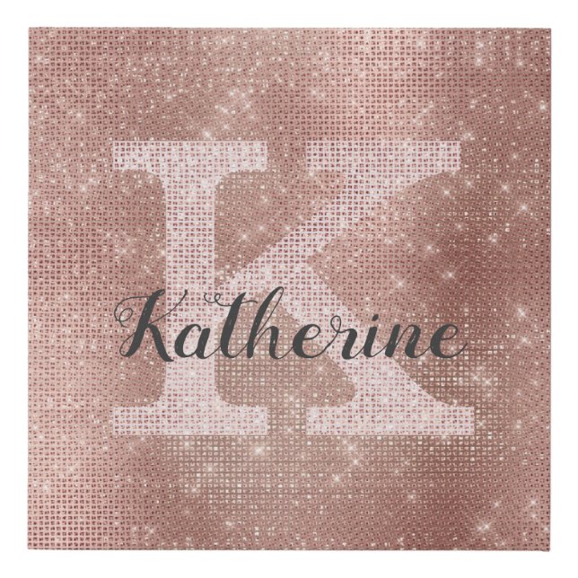 Girly Rose Gold Glitter Sparkle Glam Monogram Name Faux Canvas Print (Front)