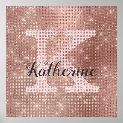 Girly Rose Gold Glitter Sparkle Glam Monogram Name Poster